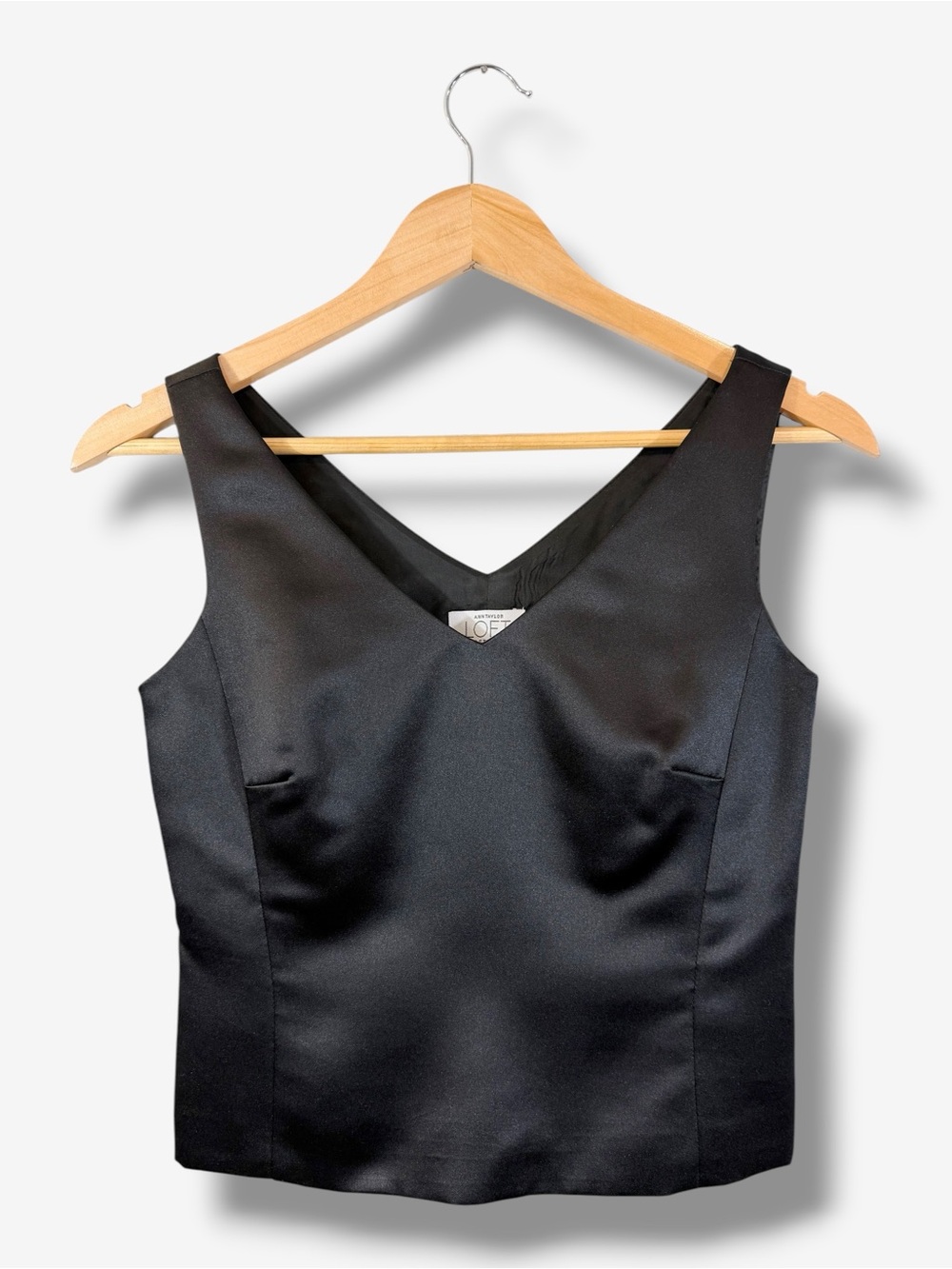 Y2K Vintage LOFT Black Satin V-Neck Blouse Size 0P Sleeveless Tank Evening